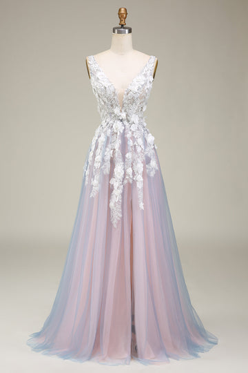 Nydelig A Line Deep V Neck Grey Pink Long Prom Dress med Appliques